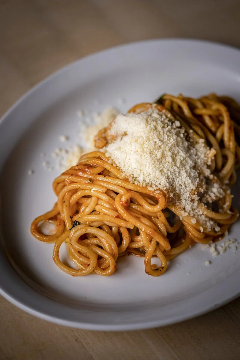 Spaghetti with tomato sauce topped with grated cheese on a white plate.