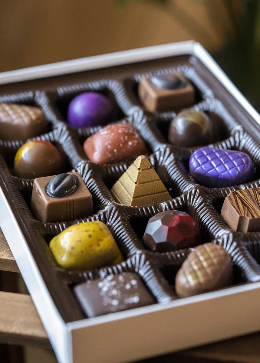 A box of assorted chocolates with different shapes, colors, and textures.