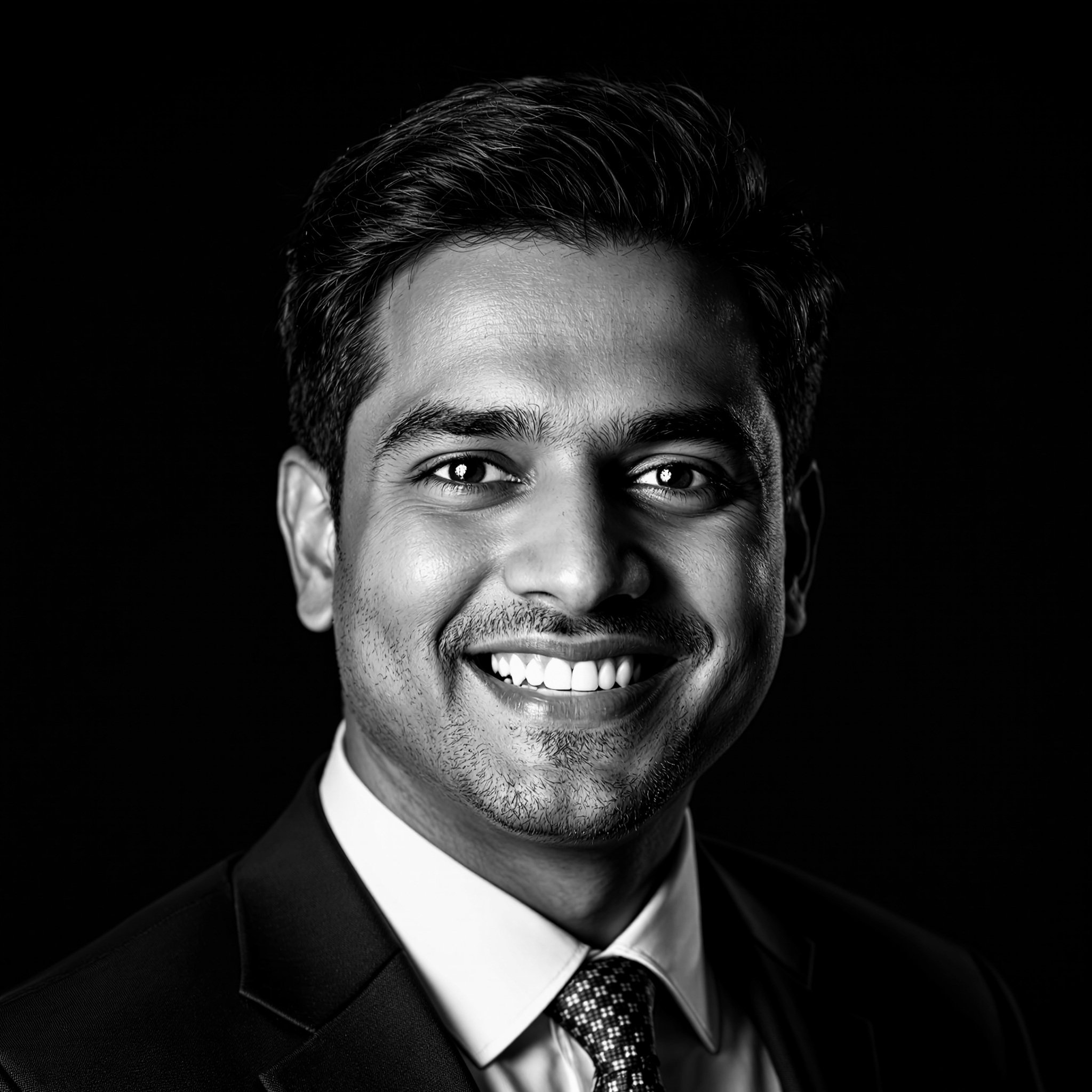 Black and white professional portrait of a smiling man wearing a suit and tie.