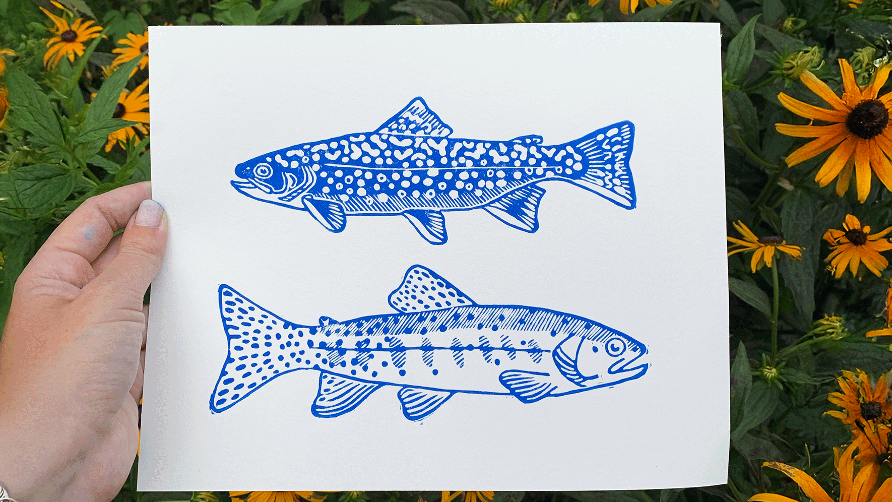 art science linocut trout print