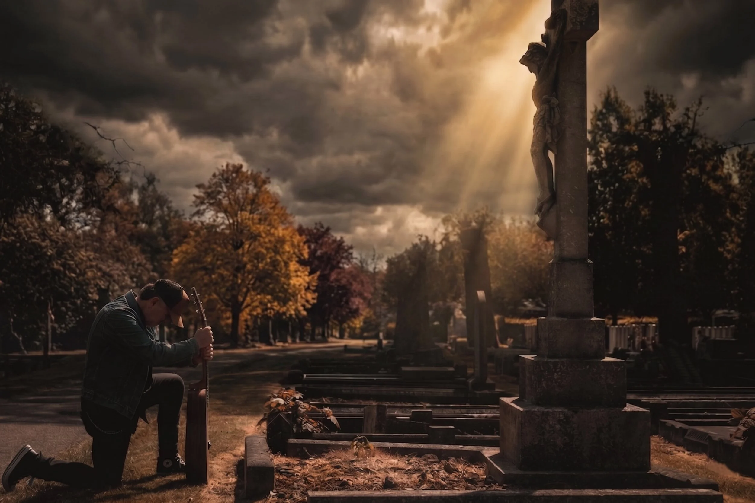 A man kneeling at a grave with a cross headstone in a cemetery during overcast weather with dark clouds and autumn trees in the background.