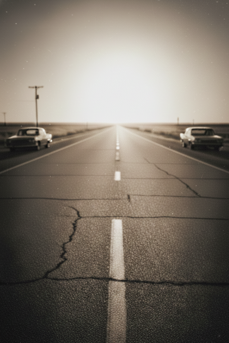 Two vintage cars parked on the sides of a cracked, deserted road stretching toward the horizon at sunset or sunrise, with a sepia tone.