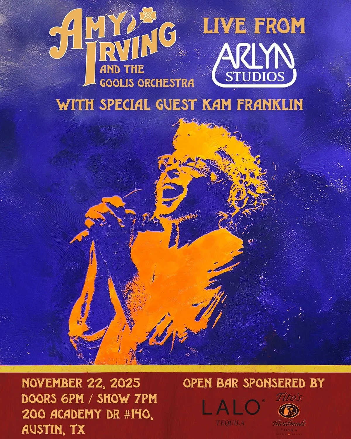 Amy Irving is heading back to Austin! 🤠 On Saturday, November 22nd, Amy is bringing the @goolis orchestra to the legendary @arlynstudios for an intimate night of music.

The incredible @bamitskam will kick things off, then we&rsquo;ll dive into song