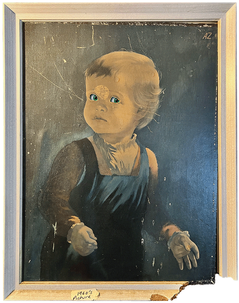 A slightly spooky painting on the wall of The Shoes in BOA of a child with moving eyes