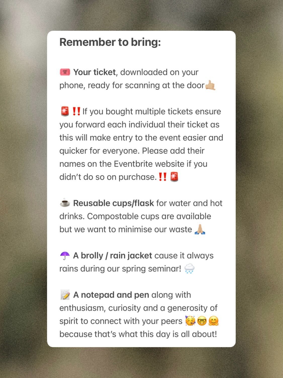 1 more working day to go until our spring seminar. Here&rsquo;s your reminder of what to bring and how to get here.