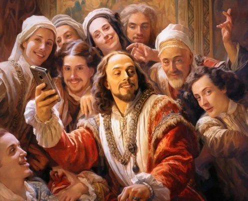 Historical figures in Renaissance attire taking a selfie, parody artwork.