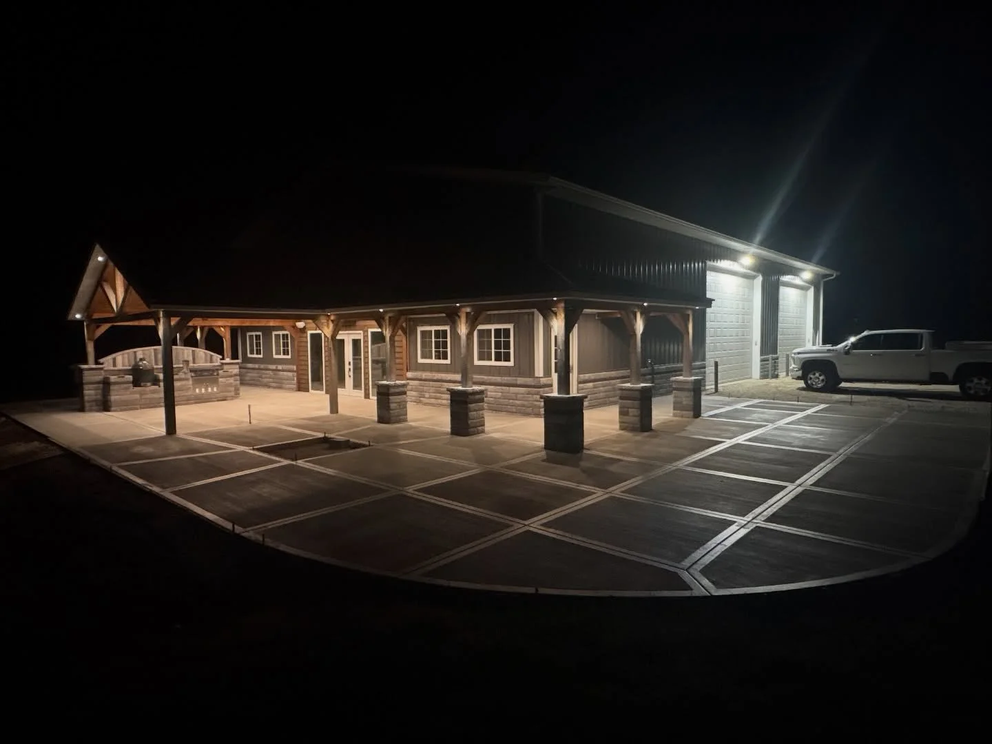 Night time vibes hit different with picture~framed joints. 😎Looking for one of your own to entertain family and friends? We can help! Call us today at 815.901.8818 or visit our website in the profile link provided. 😁 #concrete #patio #decorativecon