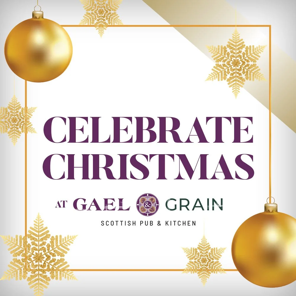 Christmas-themed promotional image with gold ornaments and snowflakes, inviting to celebrate Christmas at Gael & Grain Scottish Pub & Kitchen.