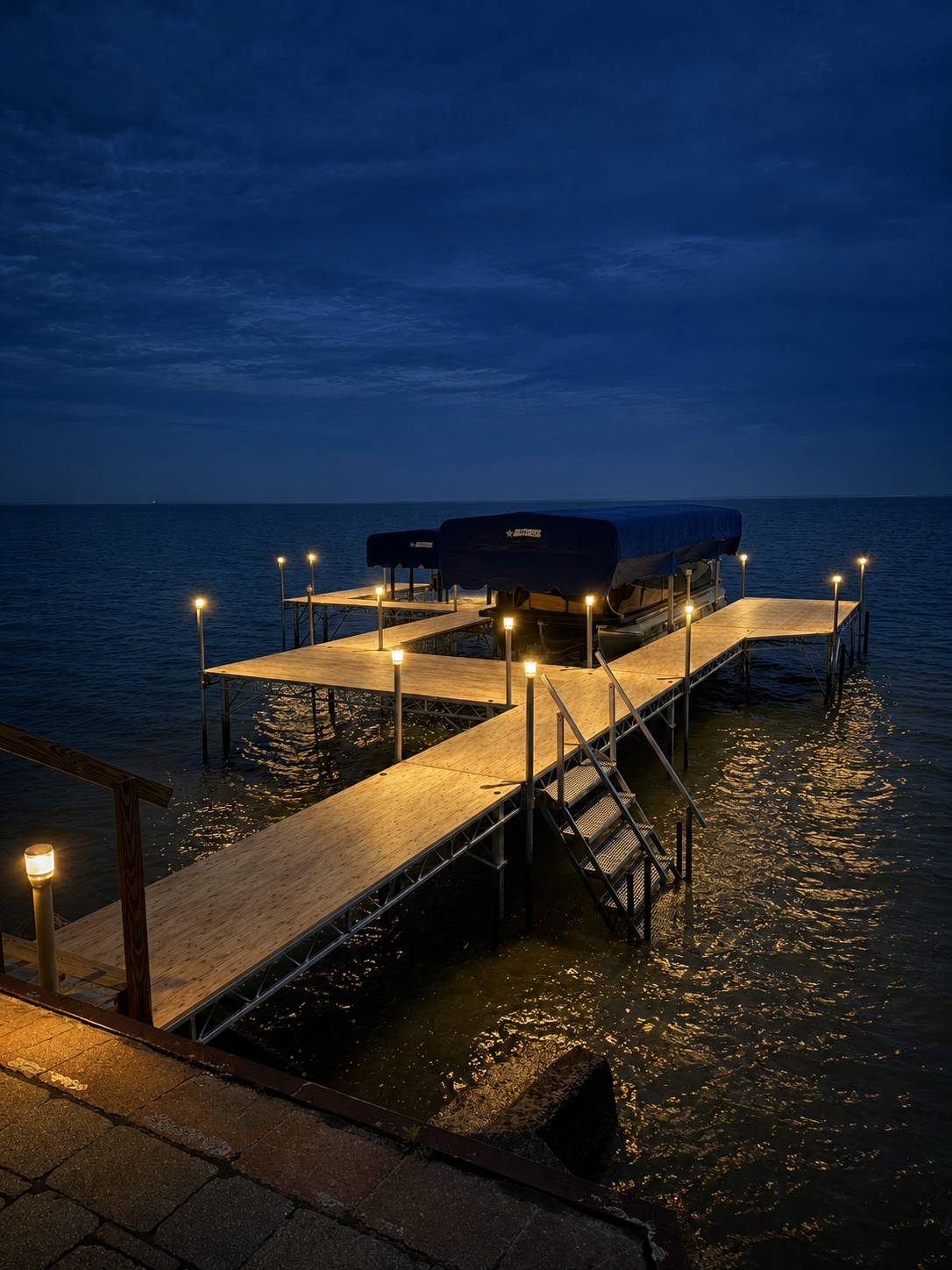 Dock with solar post cap lights lit up at night