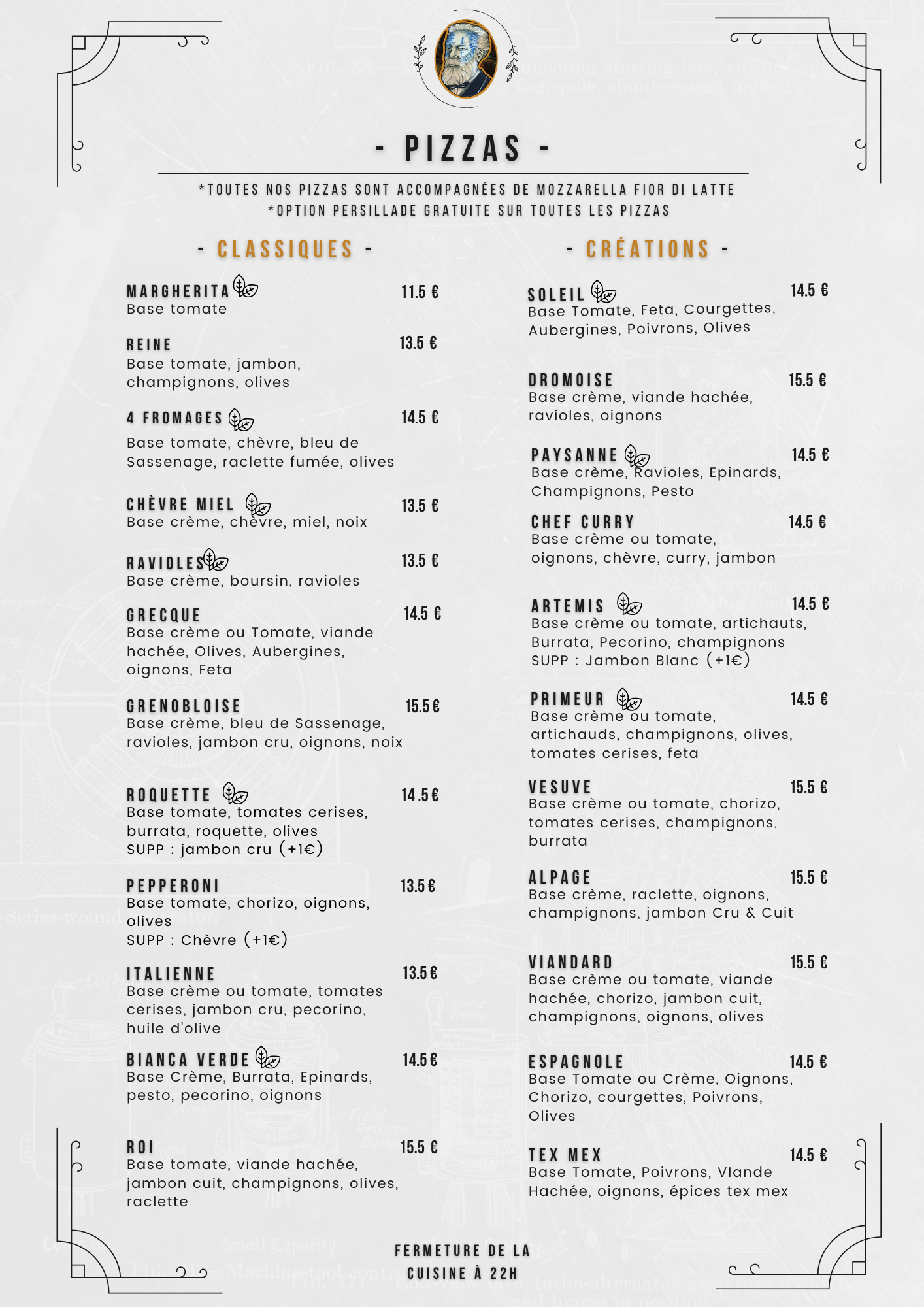 Carte des pizzas du café jules verne