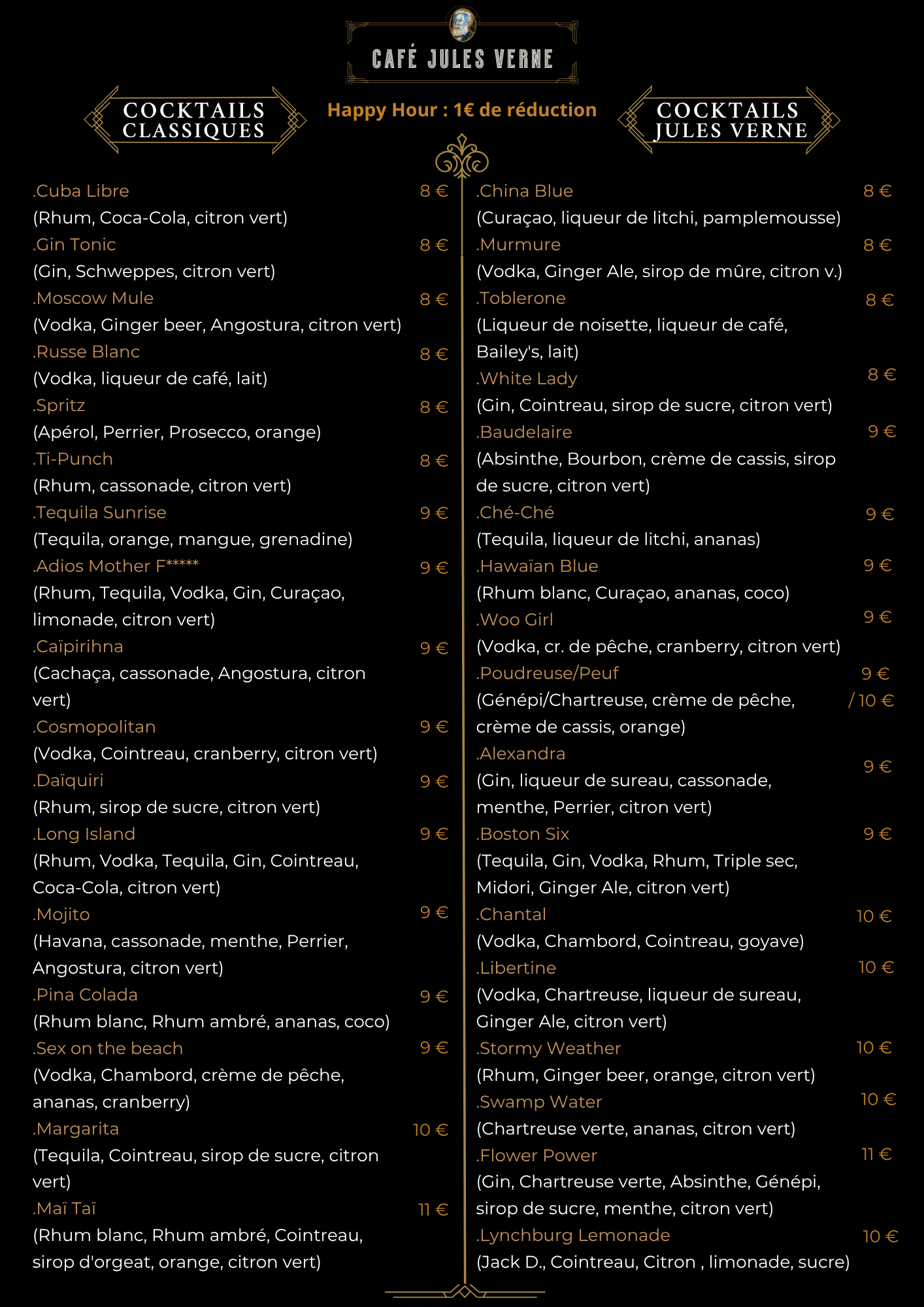 Menu de cocktails de Café Jules Verne avec différentes catégories et descriptions des ingrédients pour chaque boisson, incluant Prix et offres Happy Hour.