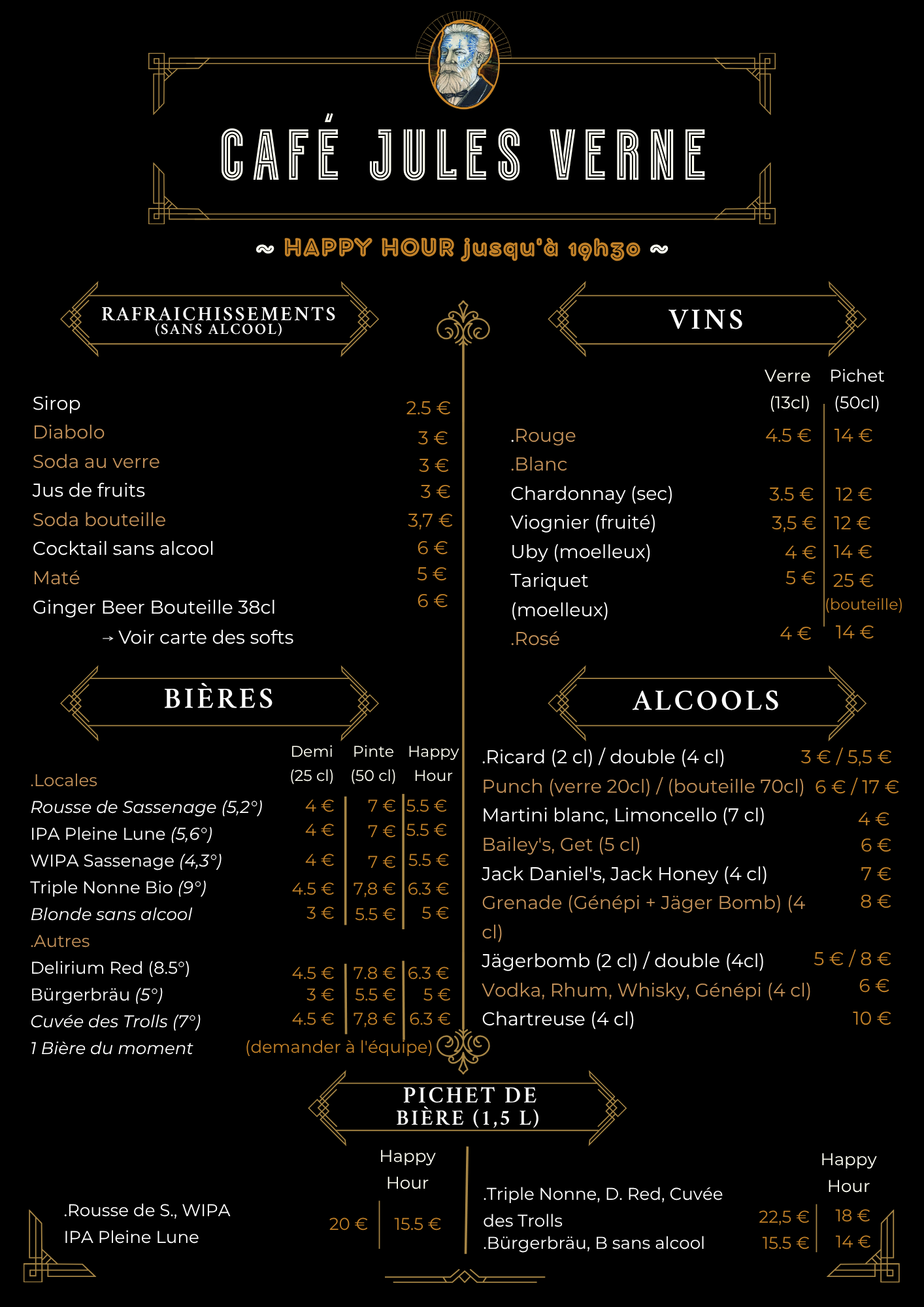 Carte des boissons du Café Jules Verne avec des options de rafraîchissements sans alcool, vins, bières locales et autres, alcools variés, et pichets de bière. Mention de happy hour jusqu'à 20 heures. Inclut les prix pour chaque catégorie de boisson.