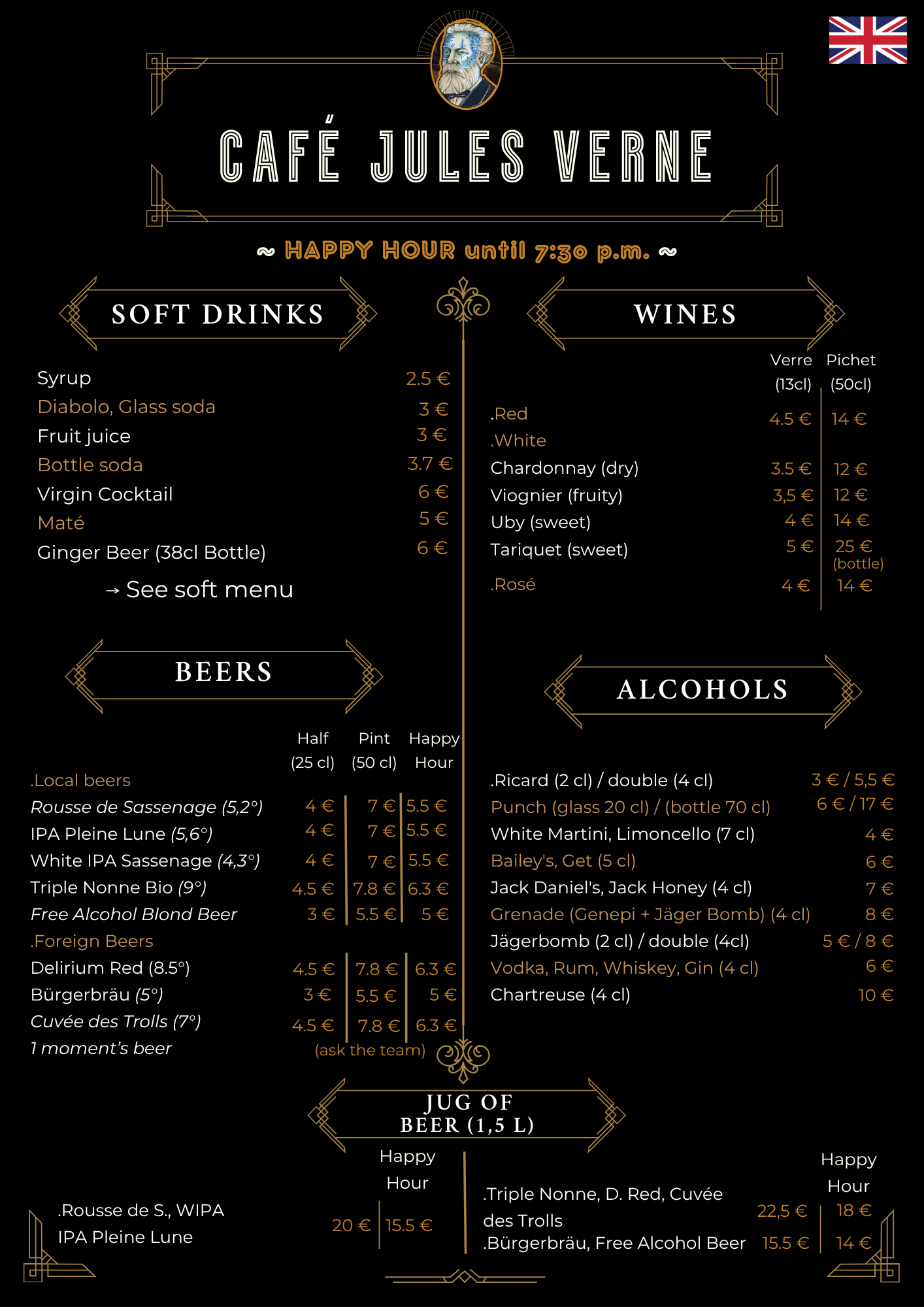 Carte du Café Jules Verne affichant boissons sans alcool, vins, bières et alcools disponibles. Inclut Happy Hour jusqu'à 20h. Des options incluent jus de fruits, soda, cocktails sans alcool, vins rouges, blancs et rosés, bières locales et étrangères, et divers alcools comme vodka, rhum, whisky. Tarifs variés pour chaque catégorie. Présence d'un drapeau britannique dans le coin supérieur droit.