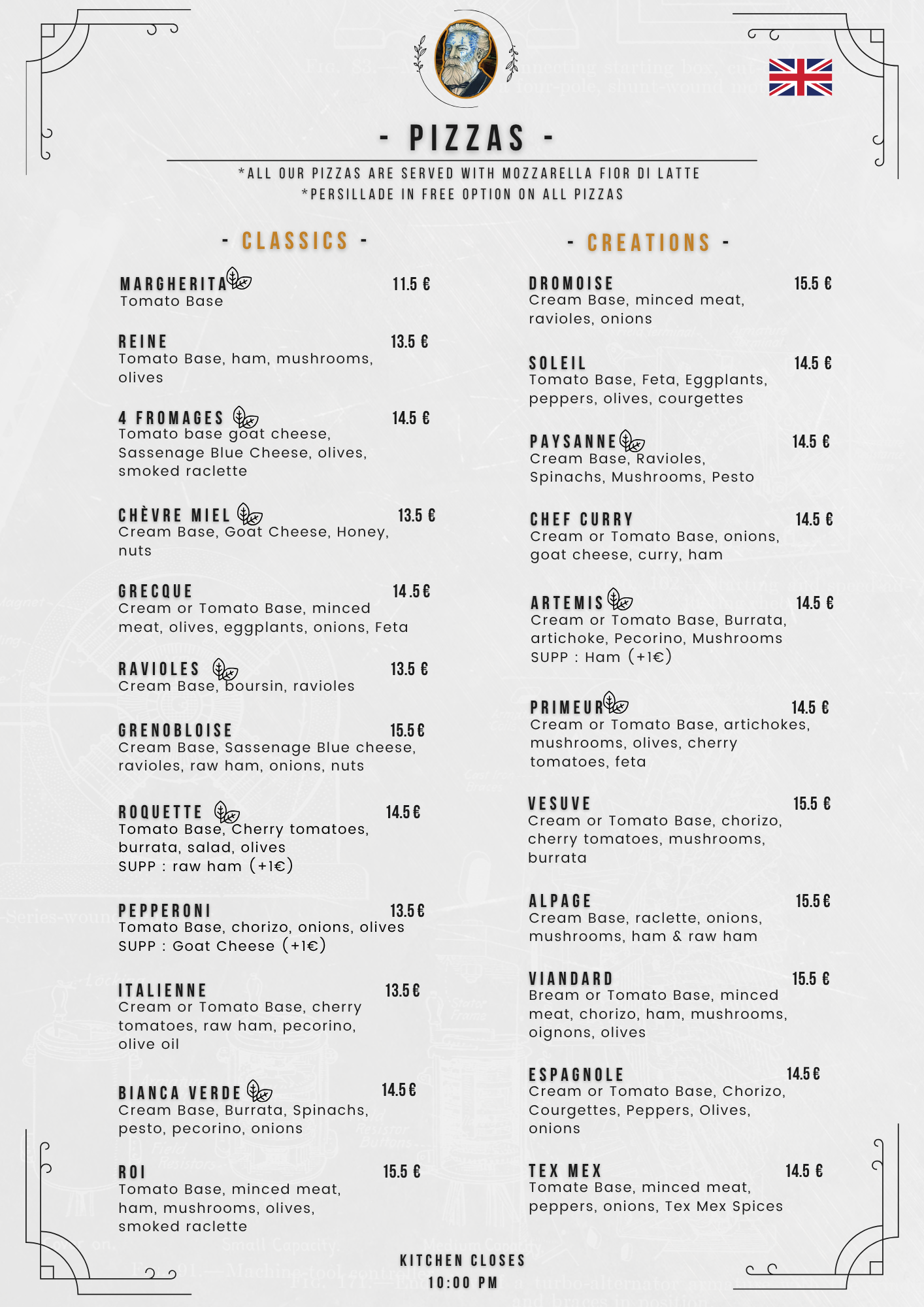 Carte des pizzas du café jules verne angais