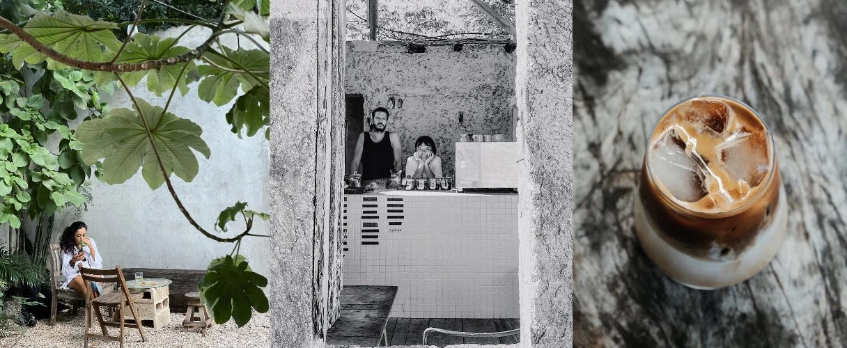 Woman drinking coffee under palm trees in Long Time Coffee in La Veleta, Tulum
