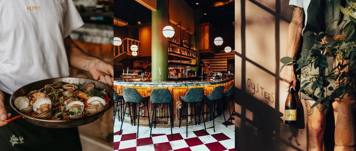 Paella and wine served at a neighborhood El Bodegón bar in La Veleta, Tulum