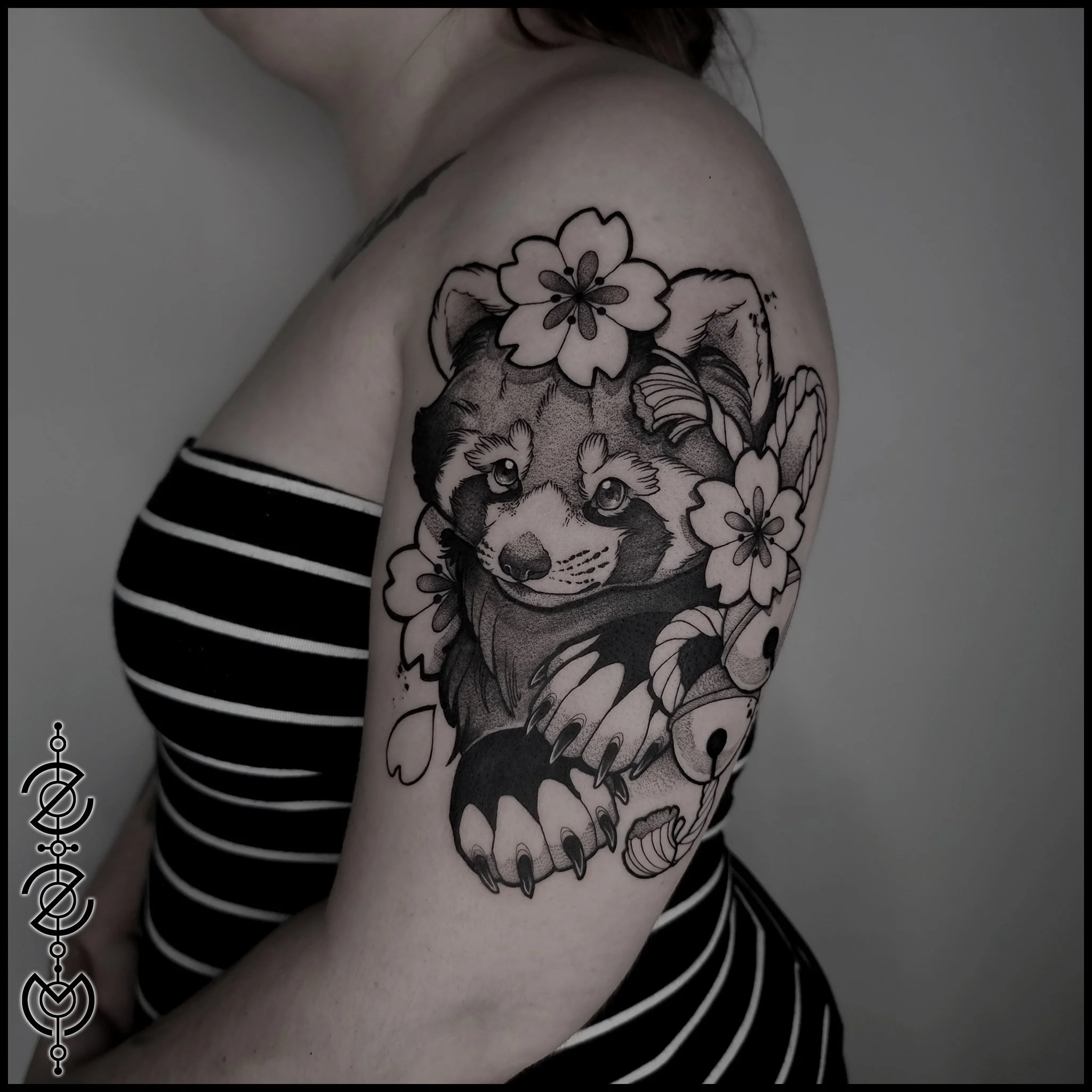 Red panda with bells and cherry blossoms - This one went a little larger than the recommended minimum sizing and it makes a really eyecatching piece
- There are a bunch more designs similar to this available in my highlights, check them out and get i