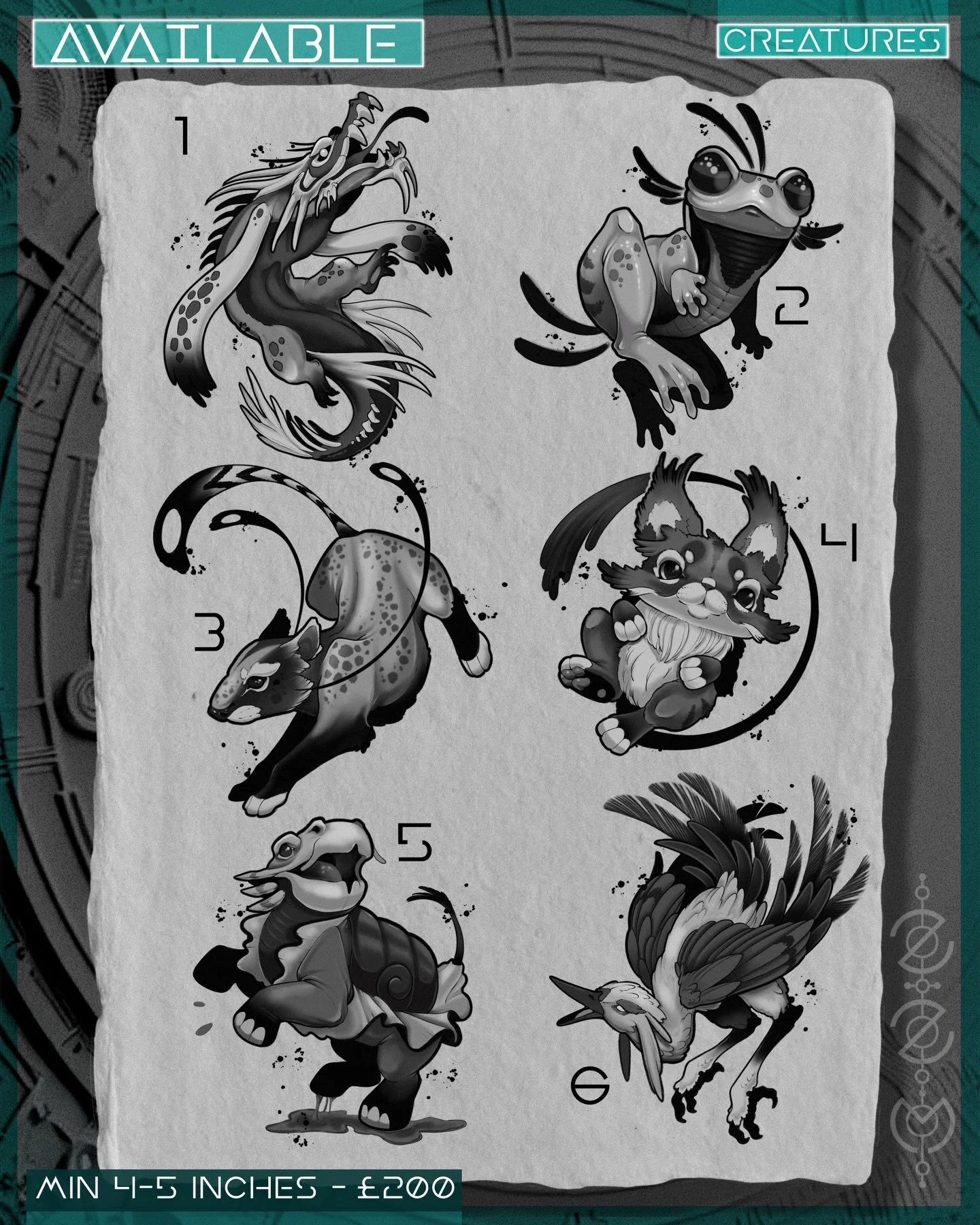 Page 1/10

Creatures are hatched in batches and this is one part of the HUGE set kicking off 2026. I&rsquo;m looking to tattoo all of these, if you&rsquo;re interested in one it&rsquo;s first come first served and bookings can be made via my website.