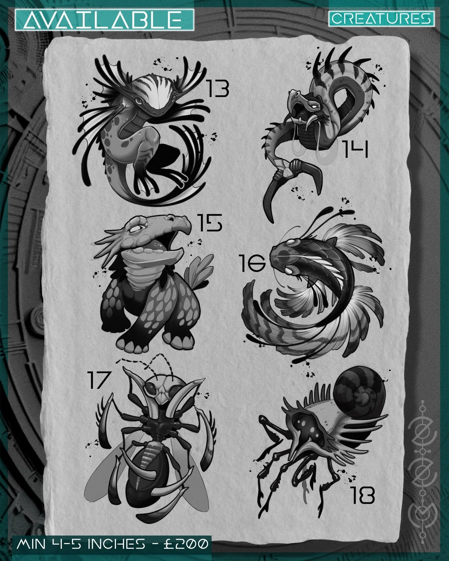 Page 3/10

Creatures are hatched in batches and this is one part of the HUGE set kicking off 2026. I&rsquo;m looking to tattoo all of these, if you&rsquo;re interested in one it&rsquo;s first come first served and bookings can be made via my website.