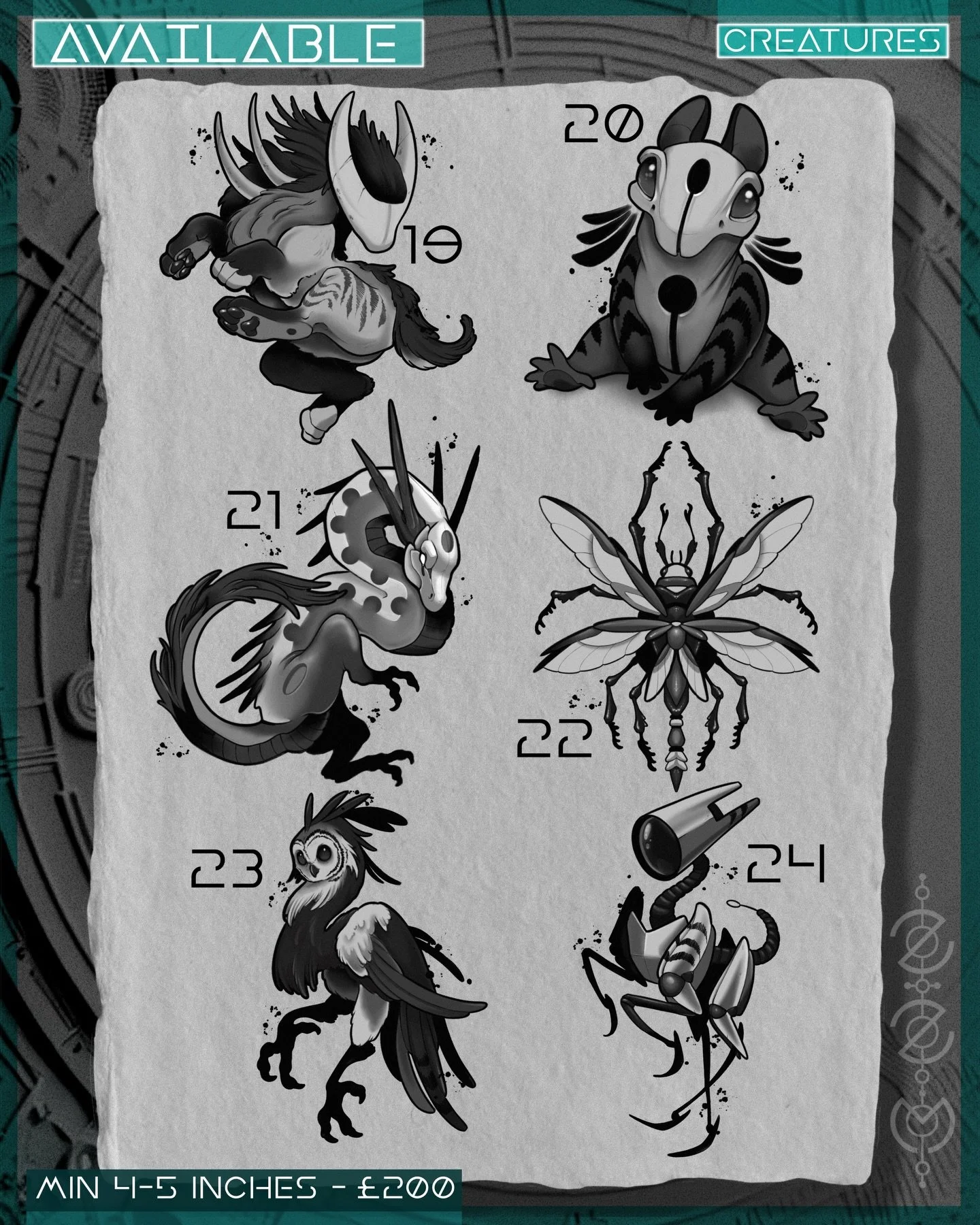 Page 4/10

Creatures are hatched in batches and this is one part of the HUGE set kicking off 2026. I&rsquo;m looking to tattoo all of these, if you&rsquo;re interested in one it&rsquo;s first come first served and bookings can be made via my website.