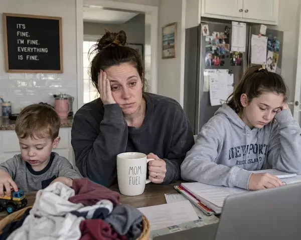 image-of-tired-mom-in-kitchen-and-toddler-boy-and-teen-daughter