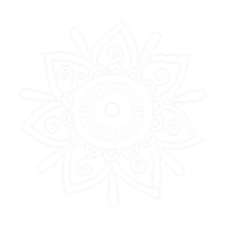 White line mandala design on black background, featuring floral and geometric patterns.