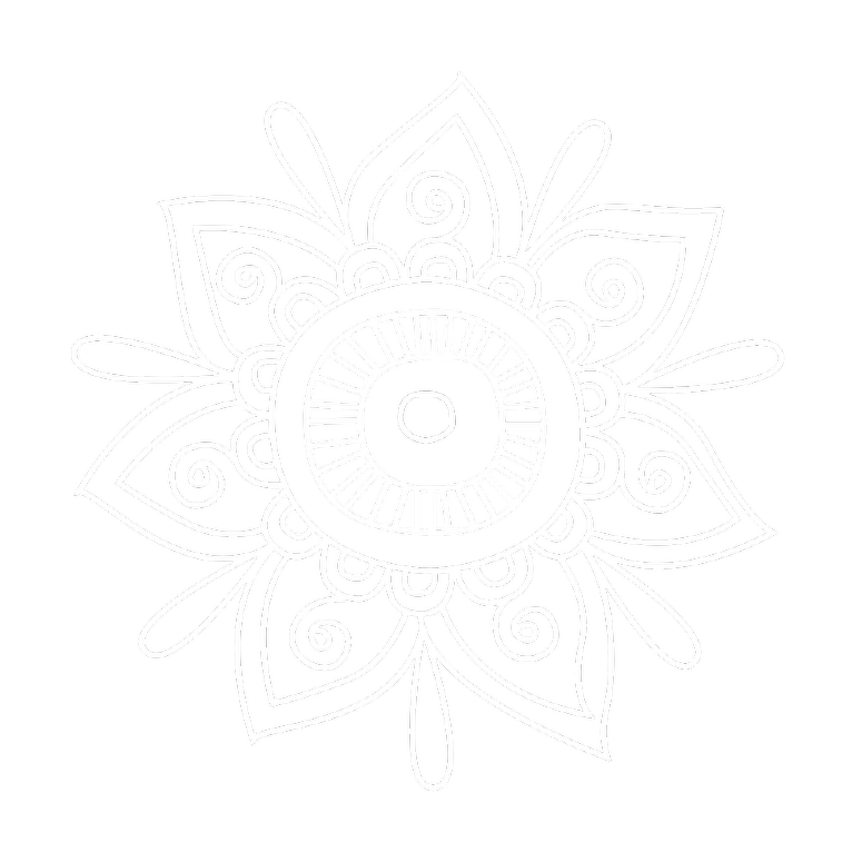 White mandala design on black background.