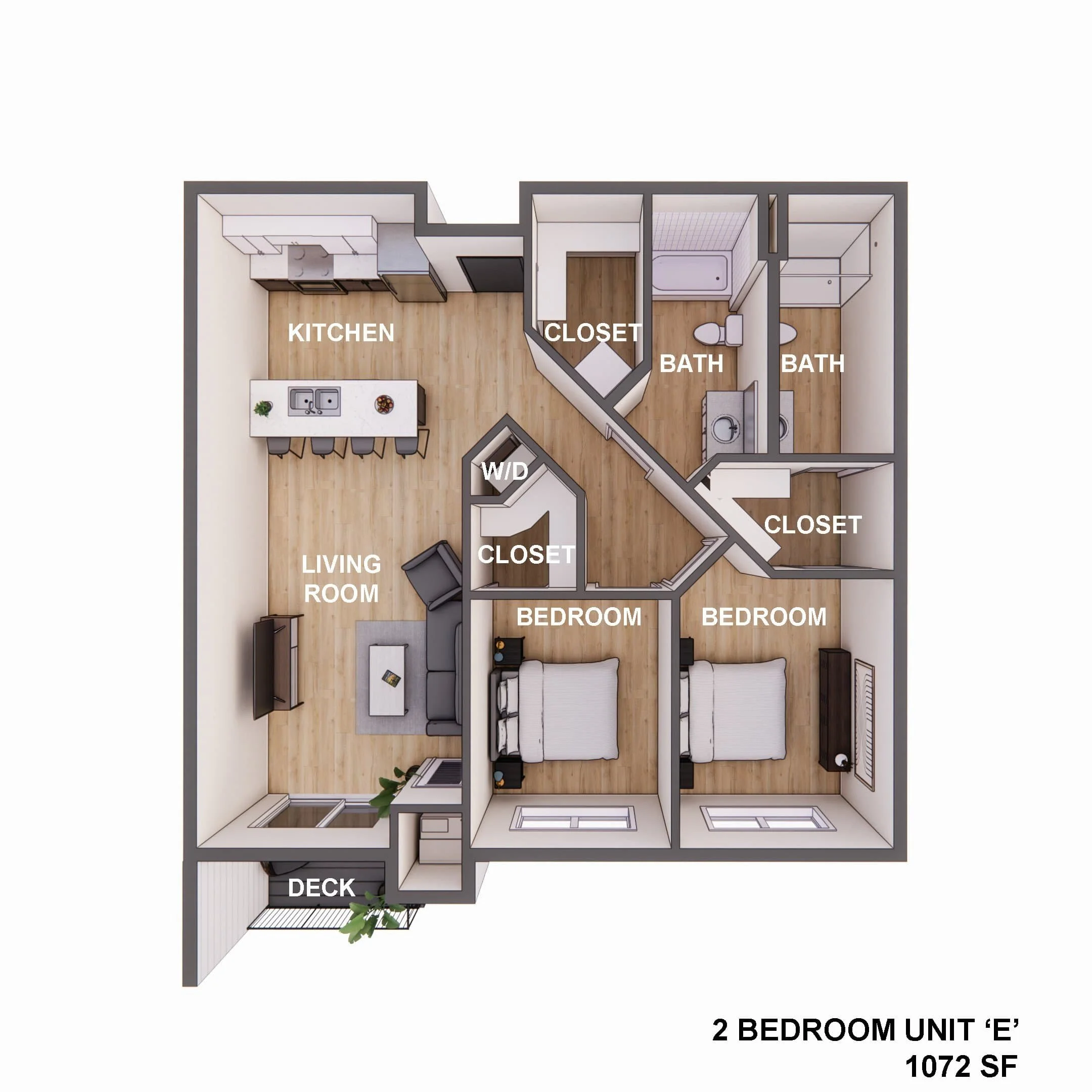 Top-down view of 2-bed, 2-bath apartments in Rochester with kitchen, living room, closets, W/D, deck; 1072 sq ft.