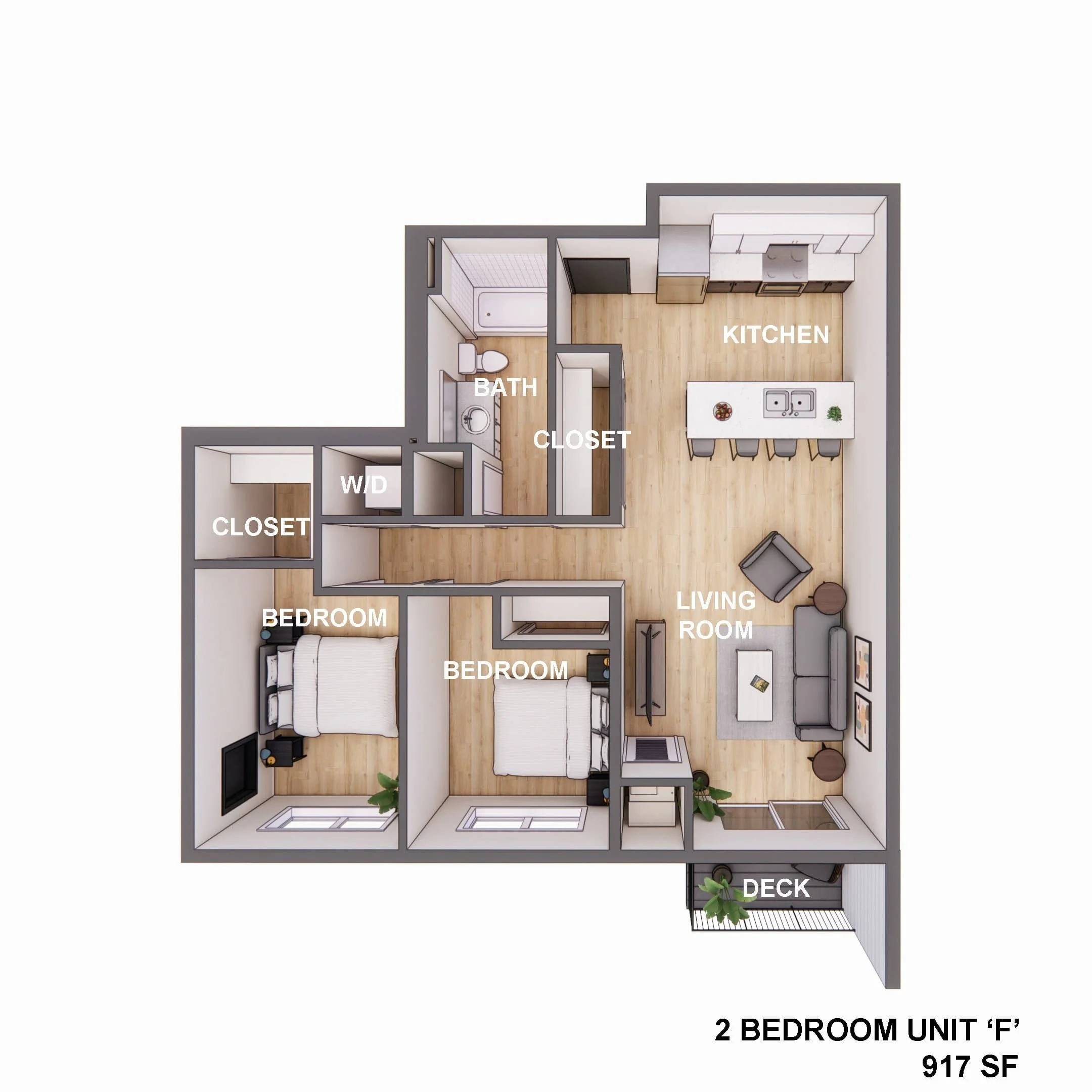 3D floor plan of a 2-bedroom, 1-bath apartment in Rochester with kitchen, living room, W/D, deck; 917 square feet.