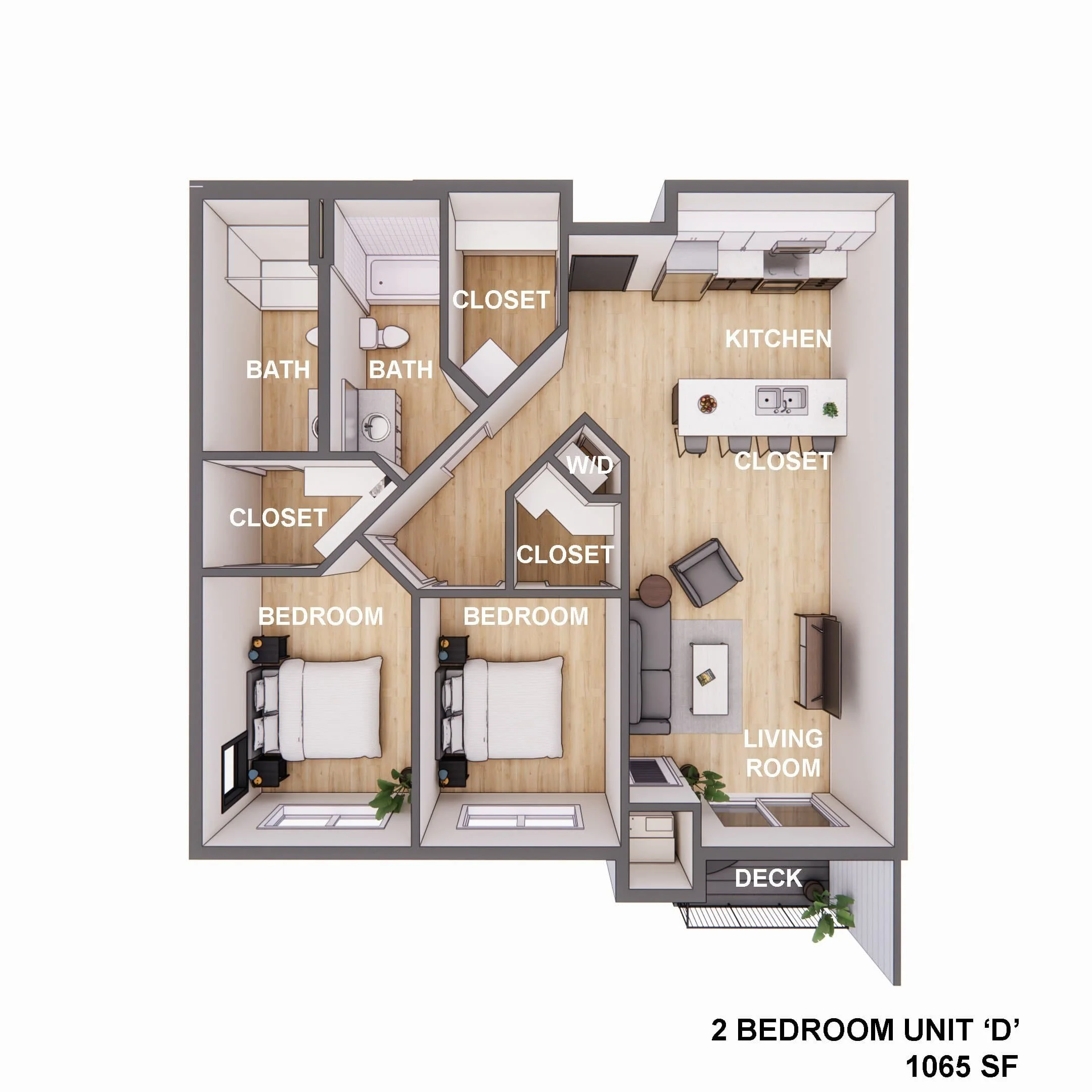 3D floor plan of a 2-bedroom, 1-bath apartments in Rochester; kitchen, living room, W/D, deck, labeled rooms, 917 sq. ft.