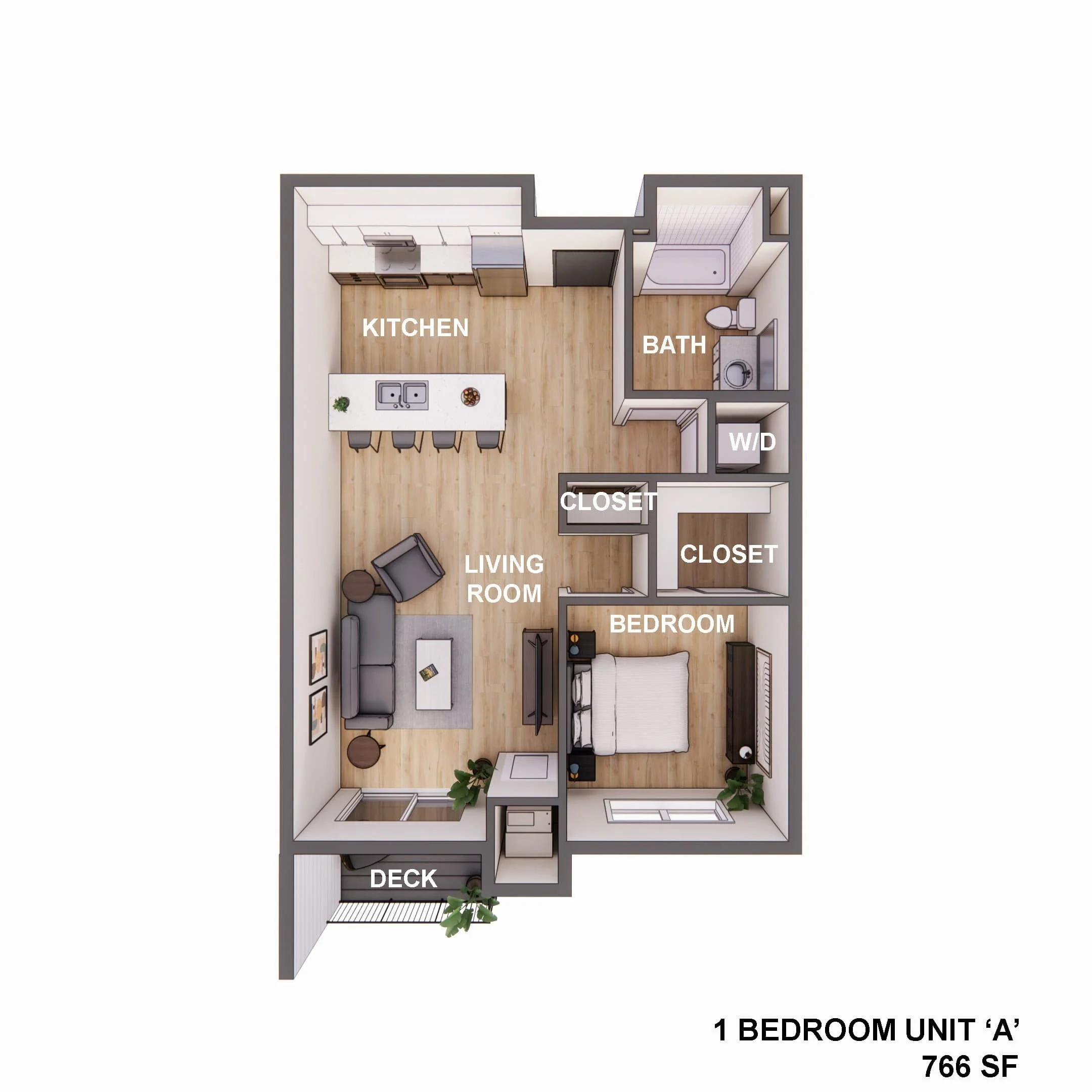 Top-down view of a 1-bedroom apartments in Rochester floor plan with labeled rooms: kitchen, living room, bedroom, bath, closets, W/D, and deck.