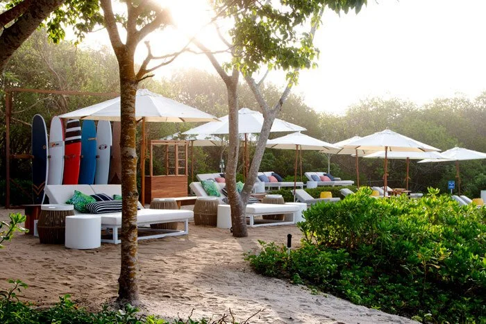 Beachside lounge area with white umbrellas, benches, and surfboards stored upright, surrounded by trees and greenery.