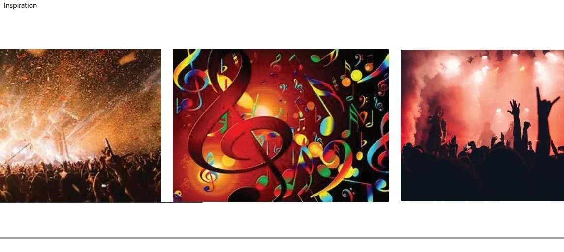 Three images of concert scenes; the first shows a crowd with confetti and bright stage lights, the second is a colorful musical notes graphic, and the third depicts a concert with performers and audience hands raised.