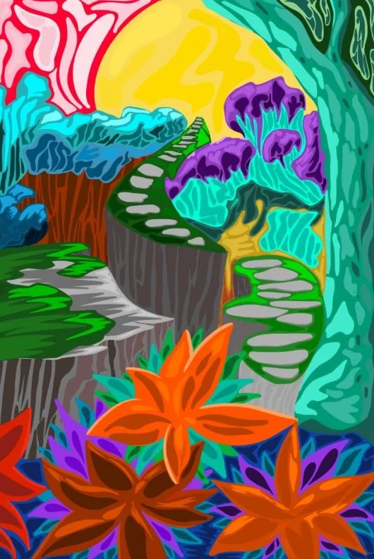 Colorful illustration of a fantasy landscape with oversized mushrooms, vibrant flowers, and lush foliage under a yellow sun.