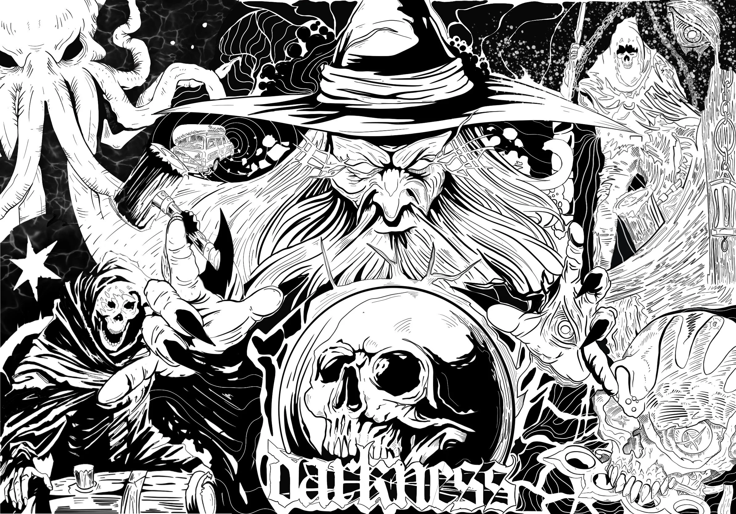 Black and white illustration featuring a wizard with a long beard and hat, holding a skull and surrounded by mystical and fantasy elements such as skulls, a potion, and mystical symbols.