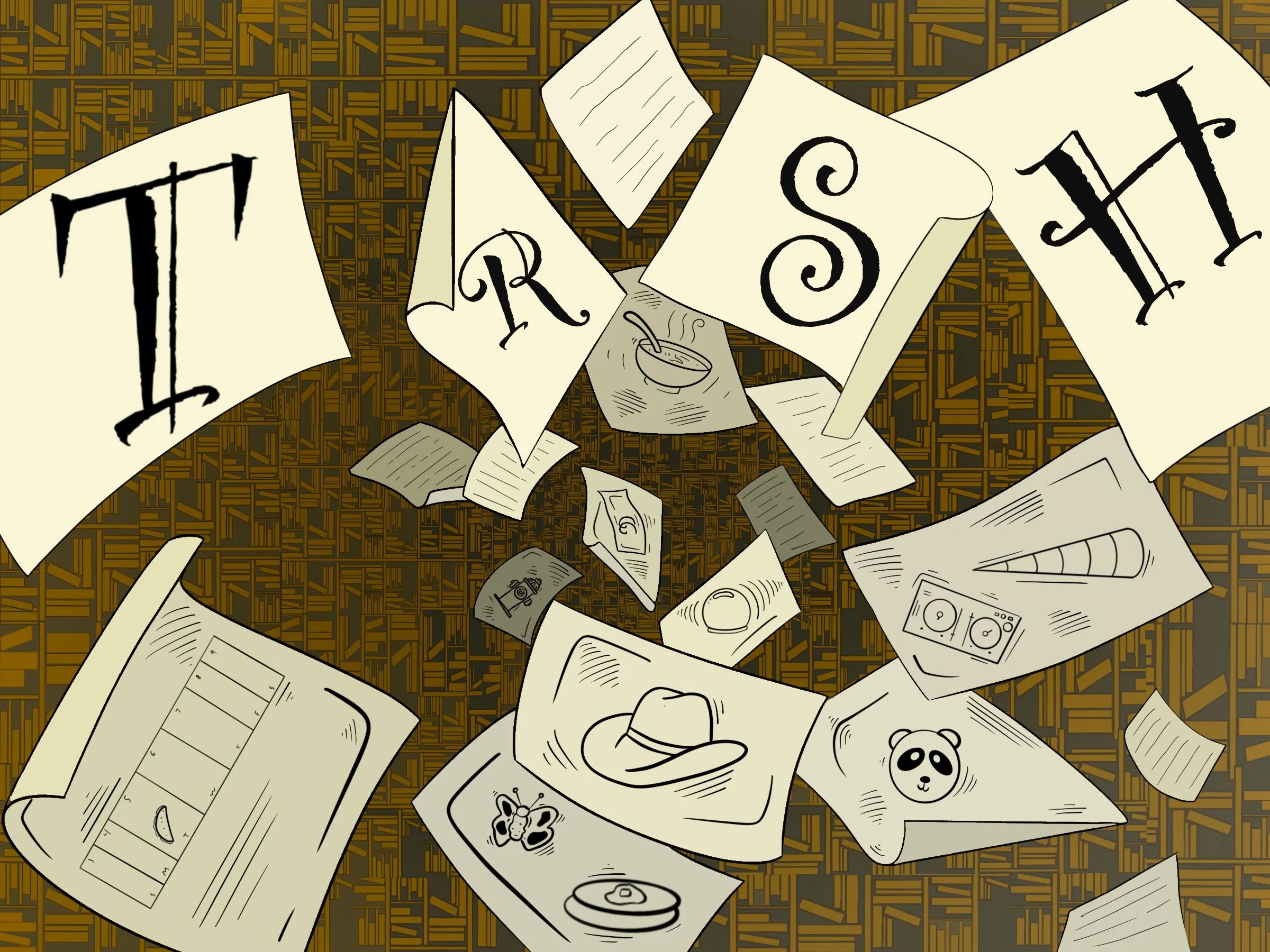 Scattered papers with various drawings and writings, including letters, a hat, a panda face, a butterfly, and a speaker, on a wooden surface.