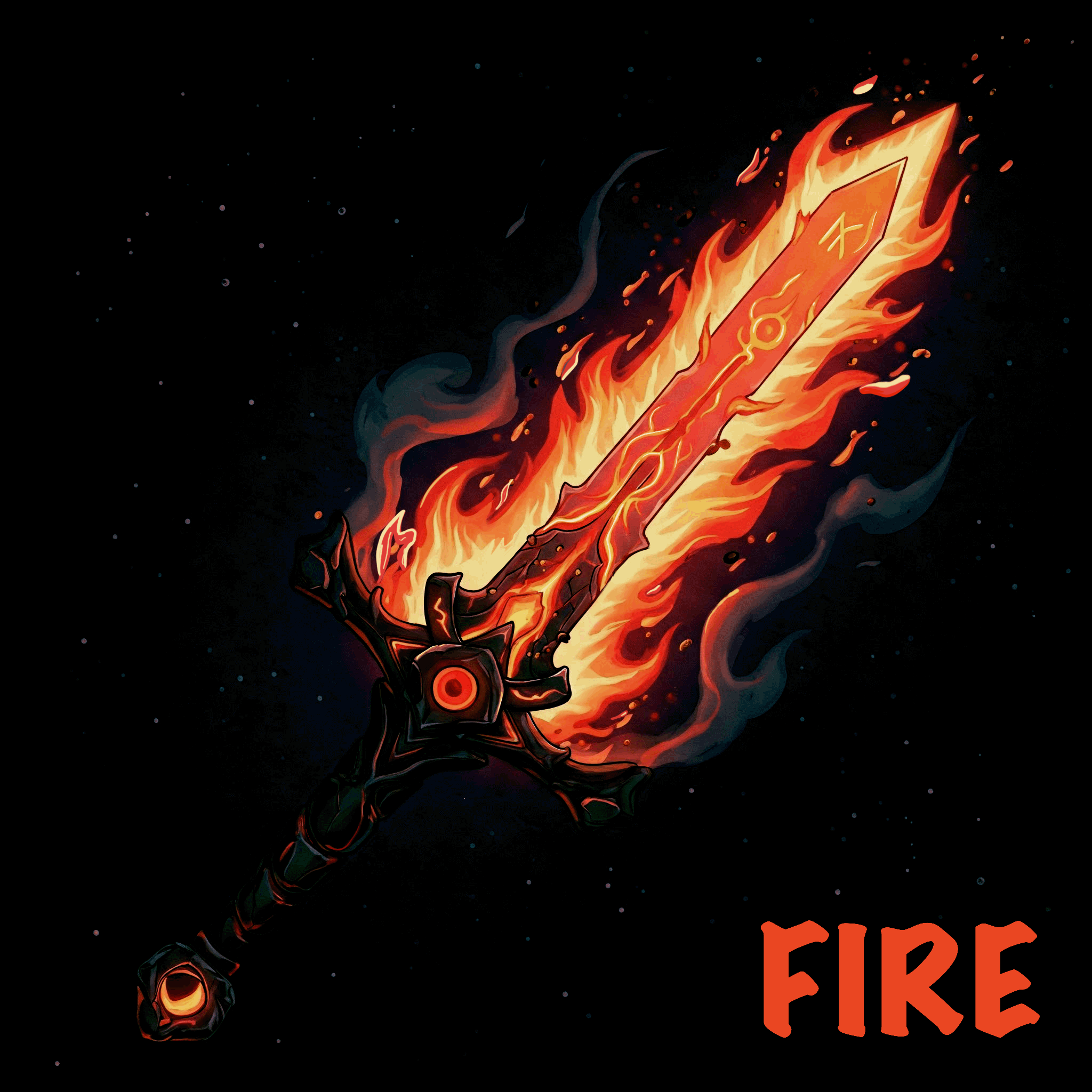 A fiery sword with flames surrounding the hilt and blade, set against a dark, starry background, with the word 'FIRE' in bold red letters at the bottom right.