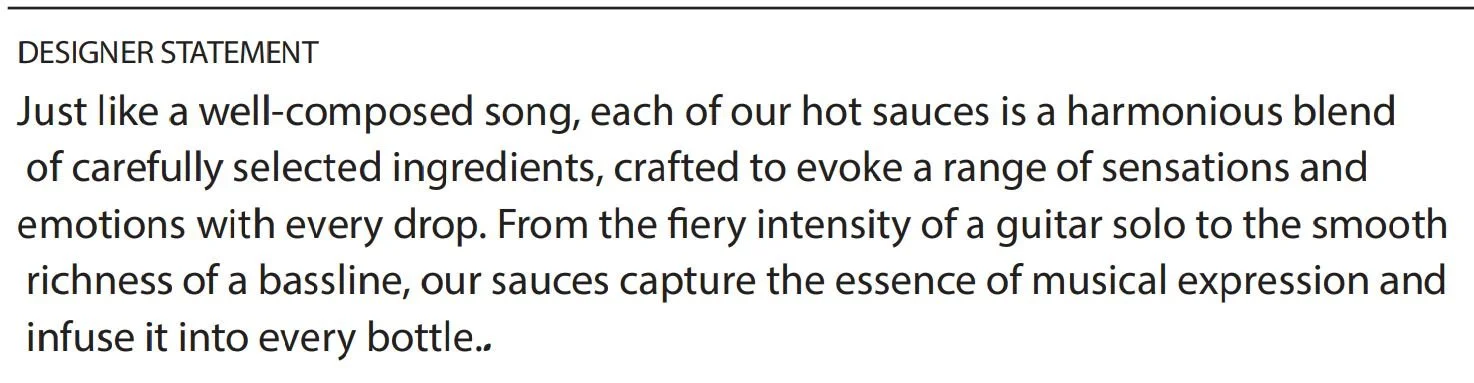 Text describing sauces as a well-composed song with harmonious blend of ingredients, evoking sensations and emotions, capturing musical expression through sauces.