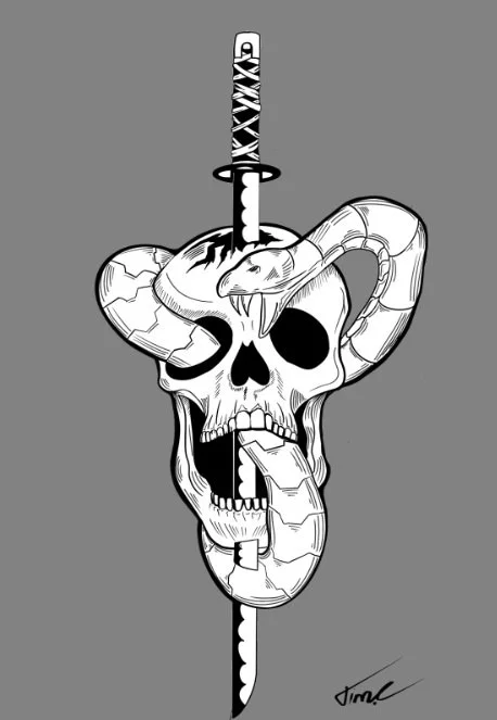 A black and white illustration of a skull with snake intertwined around it, a sword stabbed through the top of the skull, and the snake's tongue sticking out.