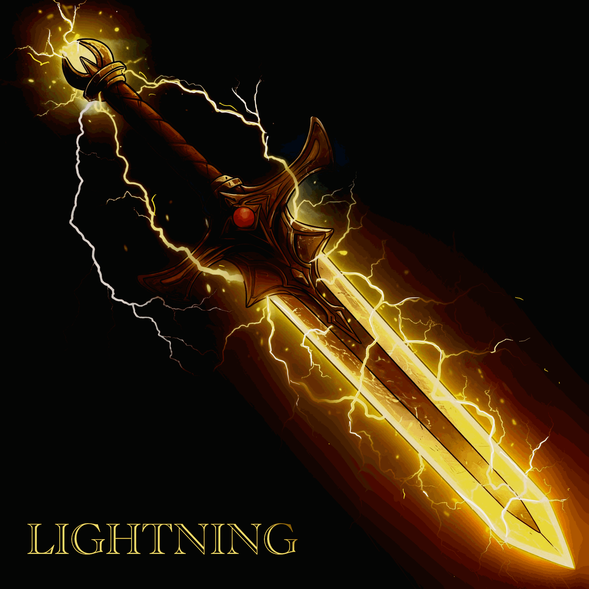 A glowing sword with yellow lightning effects and a dark background, with the word 'LIGHTNING' in gold text at the bottom.