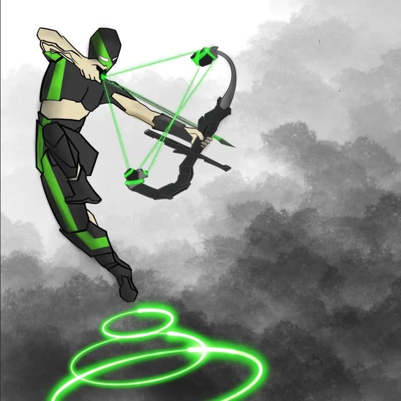 A digital illustration of a futuristic archer aiming a glowing green bow and arrow, with glowing green rings on the ground below, against a foggy gray background.