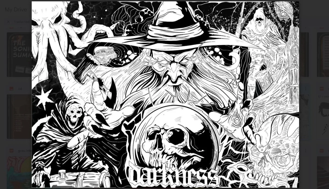 Black and white illustration of a wizard with a long beard and pointy hat casting a spell, holding a skull with the word 'Darkness' beneath, surrounded by mystical elements like a potion, a skull, a lantern, and cosmic patterns.