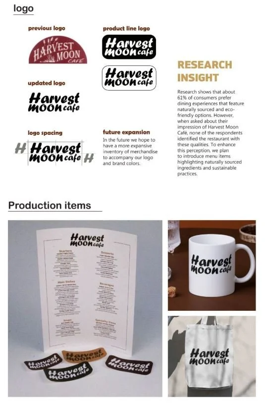 Design board displaying logo variations, logo spacing, and future expansion plans for Harvest Moon Cafe. Includes photos of produced items: a menu, a white mug with the logo, and a bag with the logo.