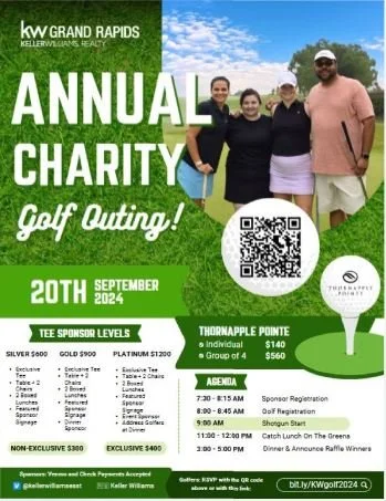 Group of four people posing outdoors at a golf charity event with a green and blue background, event details, a QR code, and a schedule on a poster.