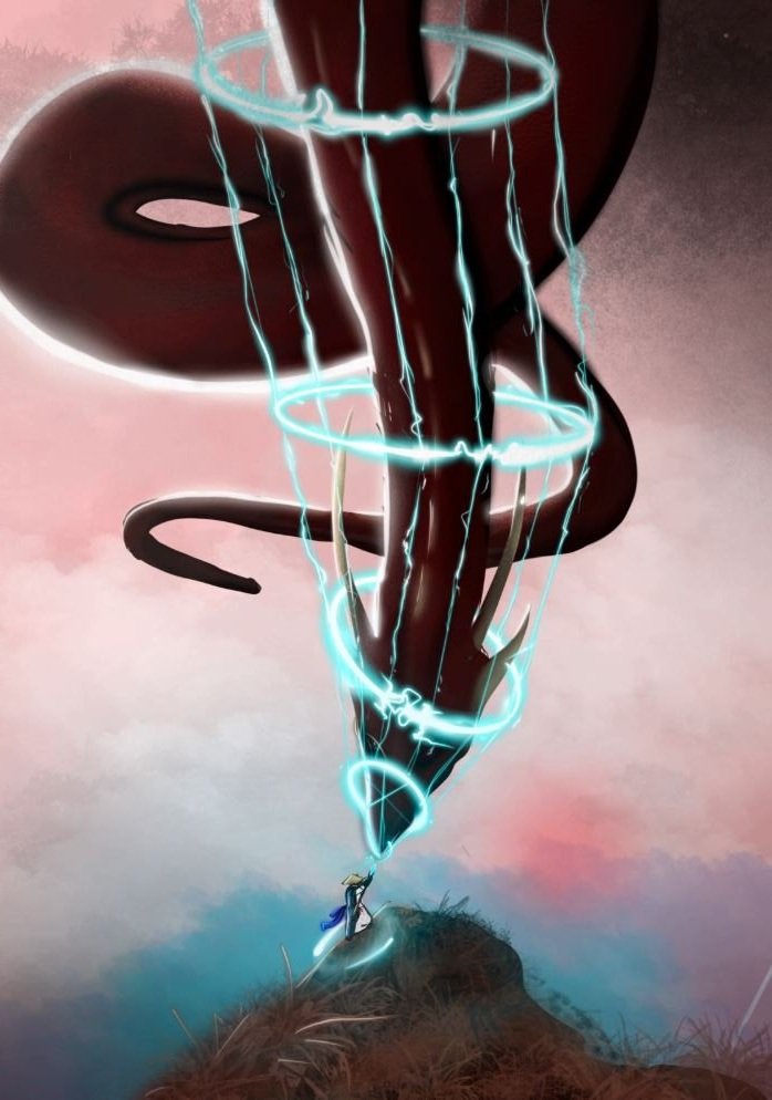 A surreal digital artwork featuring a large, dark, abstract spiral shape in the sky with glowing blue lightning-like energy connecting it to a small figure standing on a grassy hill.