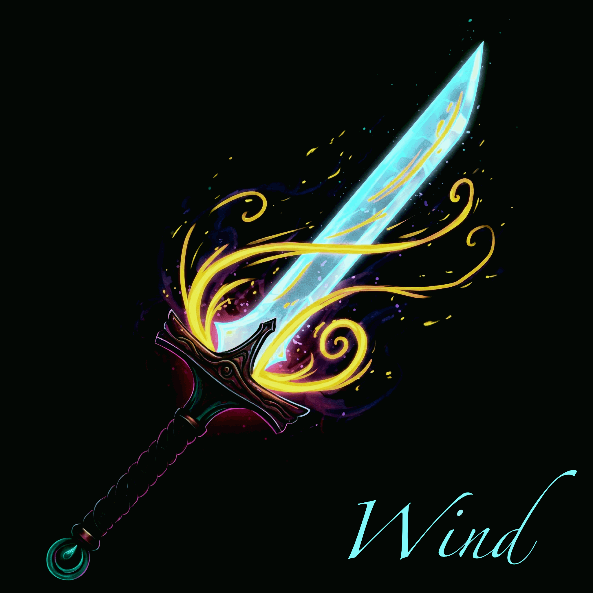 A glowing, fantasy-style sword with a blue blade and intricate black and gold hilt, surrounded by yellow and purple swirling energy, with the word 'Wind' written in light blue cursive text at the bottom right.