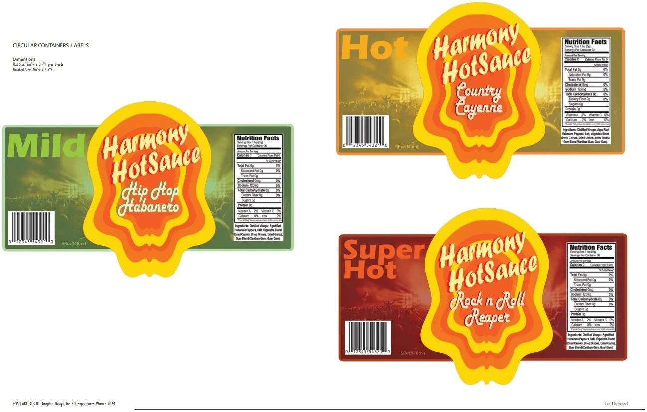 Three hot sauce labels for Harmony Hot Sauce with different heat levels: Mild, Hot, and Super Hot, each with distinct flavor descriptions and colorful, fiery designs.