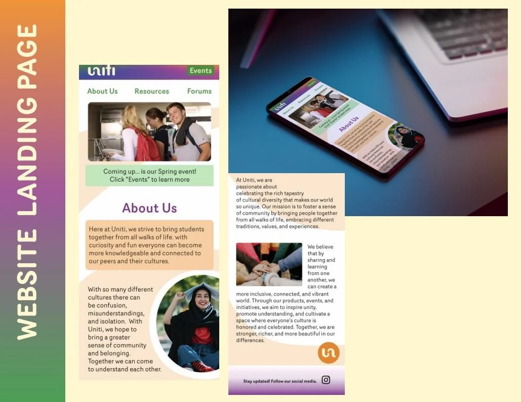 A digital mockup of a landing webpage for a cultural community website called Uniți. It shows sections titled About Us, Resources, Forums, with introductory text about bringing diverse cultures together to foster community and understanding. The webpage features images of students and text about upcoming events and values of inclusivity.