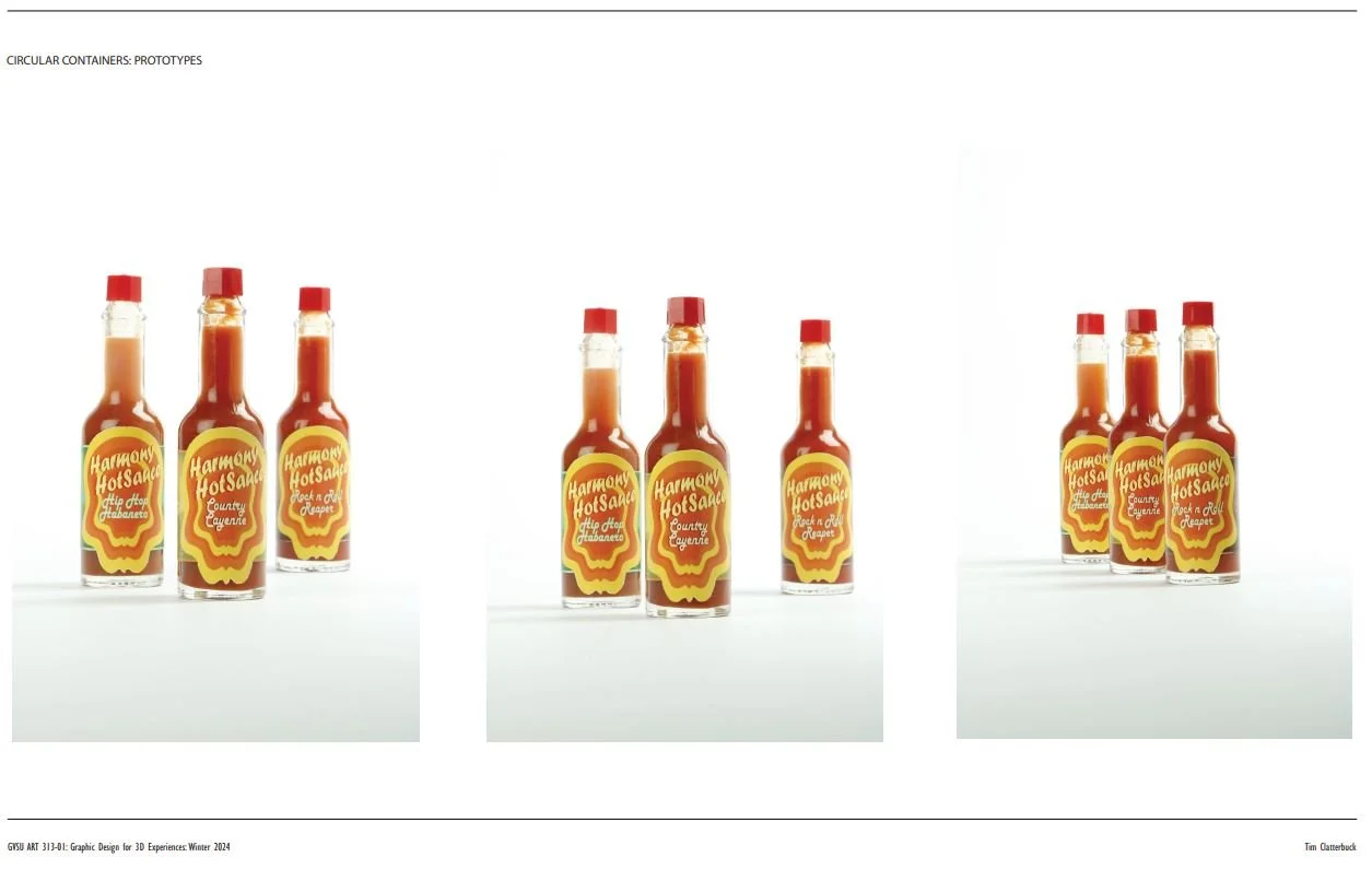 Three sets of hot sauce bottles labeled "Harmony Hot Sauce" with different flavor descriptions, arranged on a white background.