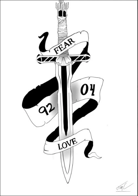 A black and white tattoo design of a sword piercing a ribbon with the words 'Fear' and 'Love', and the numbers '92' and '04'.